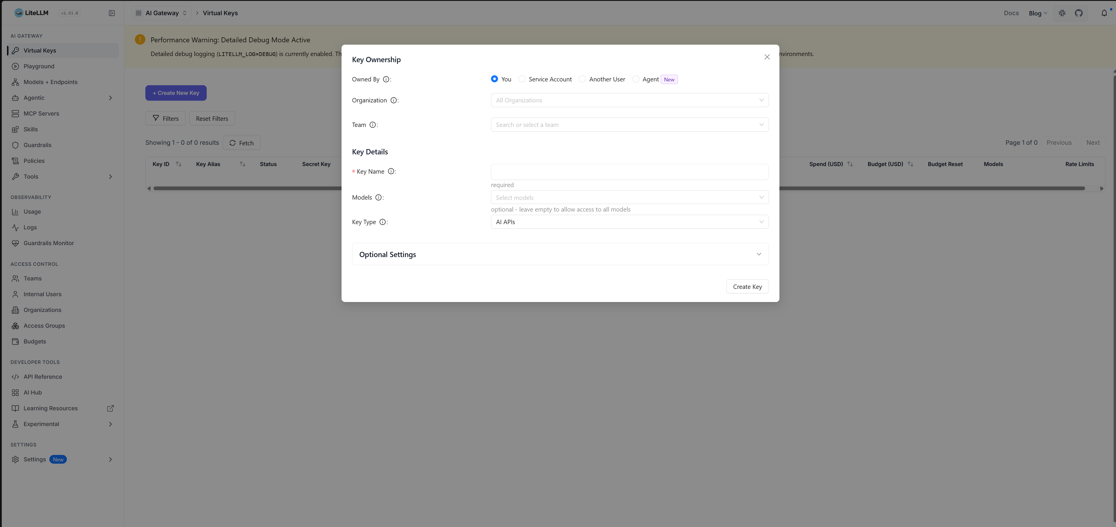 Formulario para crear nueva API Key