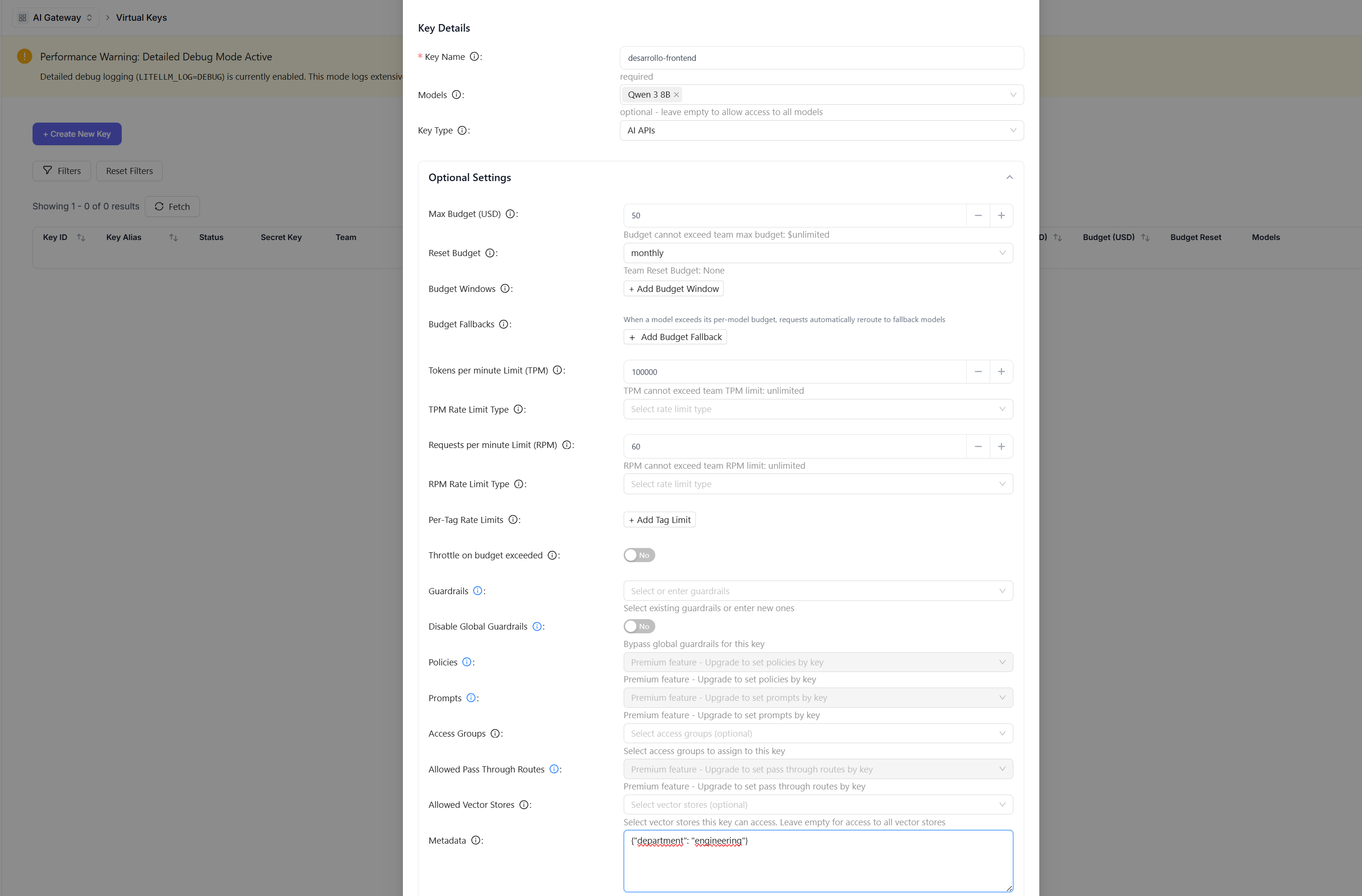 Formulario de API Key completado